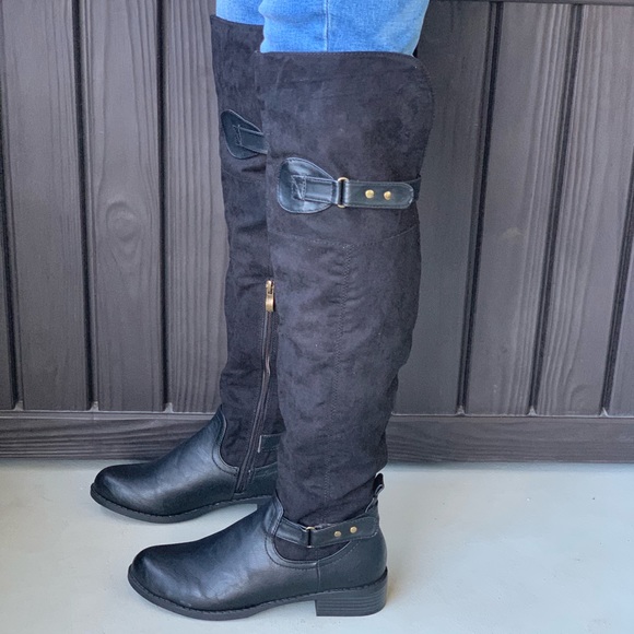 Black Over The Knee Cuff Option Flat Riding Boots - Picture 8 of 8